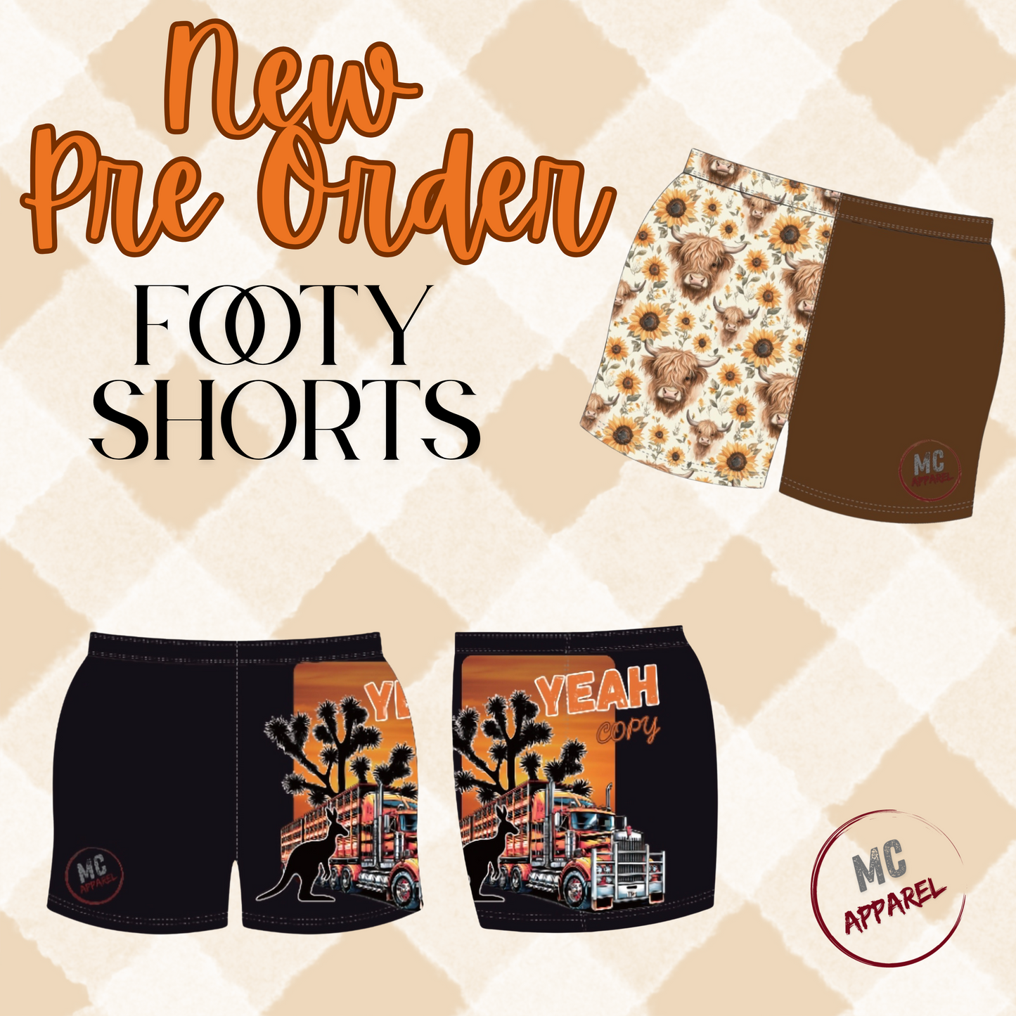 Highland Cow Footy Shorts - PRE ORDER